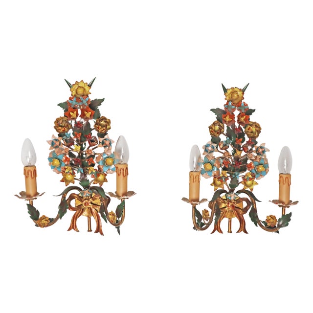 Floral Two-Armed Wall Lights, Italy, 1970s, Set of 2 For Sale