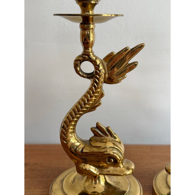 20th Century Brass Dolphin Neoclassical Candle Holders - A Pair For Sale - Image 6 of 11