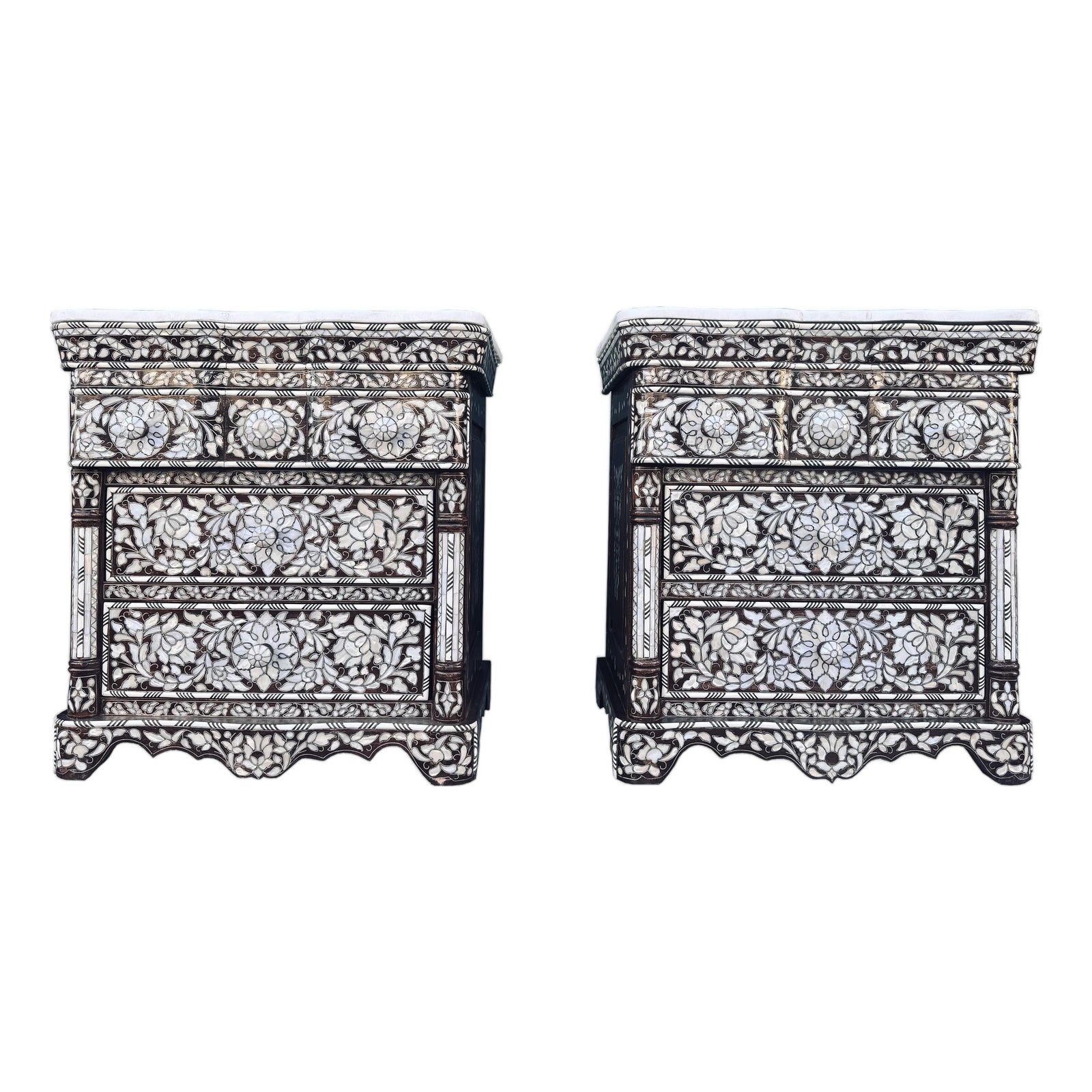 Pair of Vintage Mother-of-Pearl Inlay Nightstands With Marble Tops ...