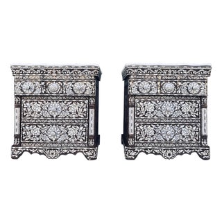 Pair of Vintage Mother-of-Pearl Inlay Nightstands With Marble Tops, 1980s For Sale