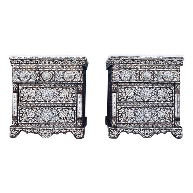 Pair of Vintage Mother-of-Pearl Inlay Nightstands With Marble Tops, 1980s For Sale