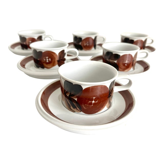Vintage 1970s Arabia of Finland Rosmarin Brown Demitasse Set of 6 Cups and 6 Saucers For Sale