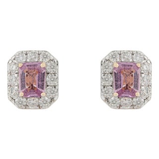 Natural Pink Sapphire & Diamond Halo Stud Earrings in 14k Gold Fine Jewelry- A Pair For Sale
