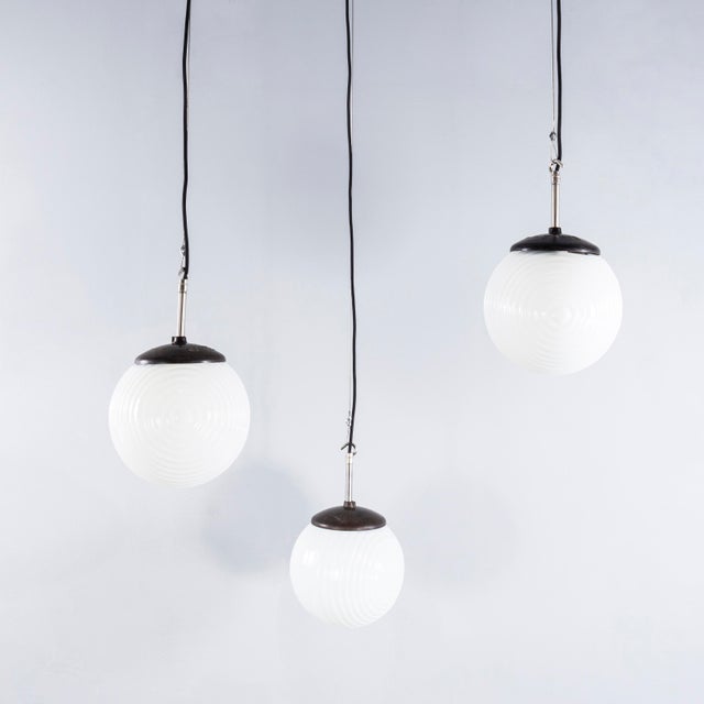 Mouth-Blown Ribbed Opaline Pendant Lamp, 1940s For Sale - Image 12 of 12