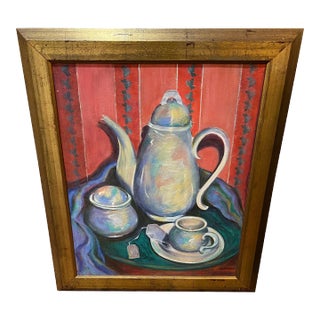 1990s Large Signed Teapot Still Life Painting by Linda Smith For Sale