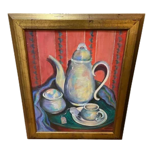 1990s Large Signed Teapot Still Life Painting by Linda Smith
