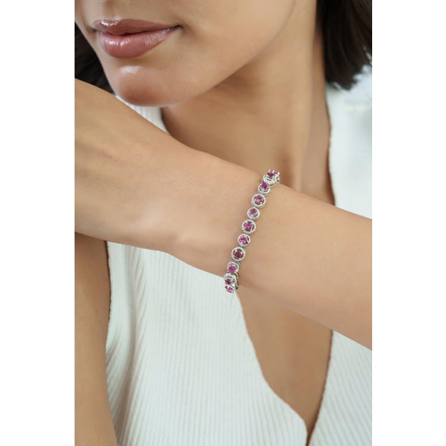 8.23 Ct Natural Pink Tourmaline Milgrain Eternity Tennis Bracelet in 925 Silver For Sale - Image 4 of 14
