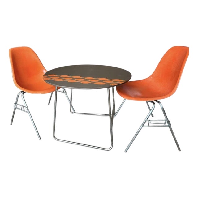 Herman Miller/Eames Vintage Fiberglass Stacking Chairs (2) With Coordinating Side Table For Sale