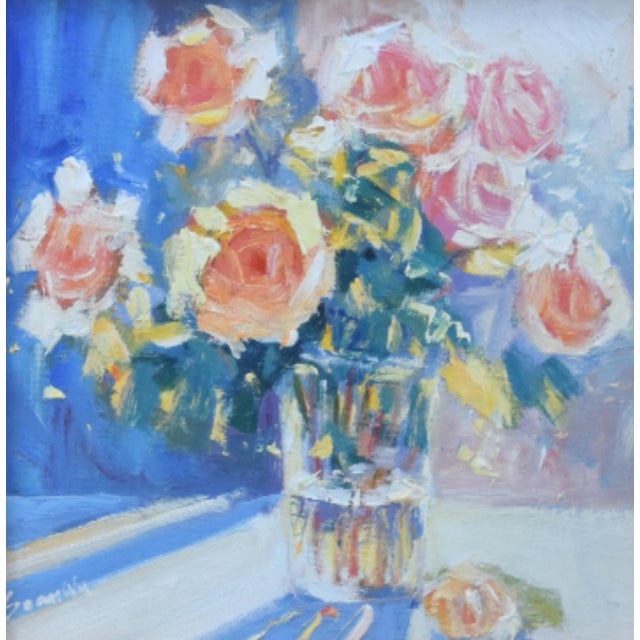 American Bouquet of Pastel Roses Vase Floral Painting Including the Antiqued Gold Wood Frame For Sale - Image 3 of 5