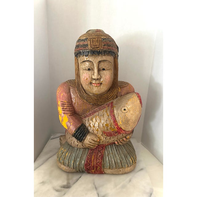 Seated Asian Carved Wood Figure Holding Fish For Sale - Image 9 of 9