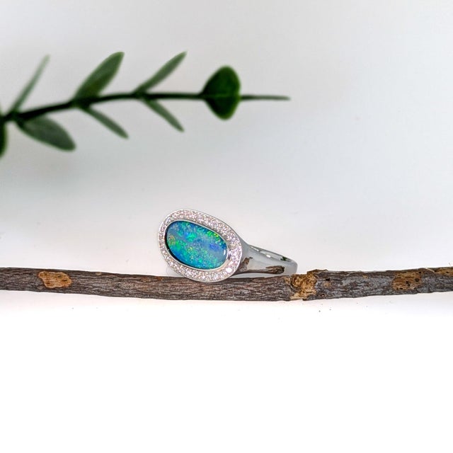 1.93cts, 13x6.6mm Boulder Opal With Diamond Halo Ring in Solid 14k Gold, Size 6.75 For Sale - Image 4 of 6