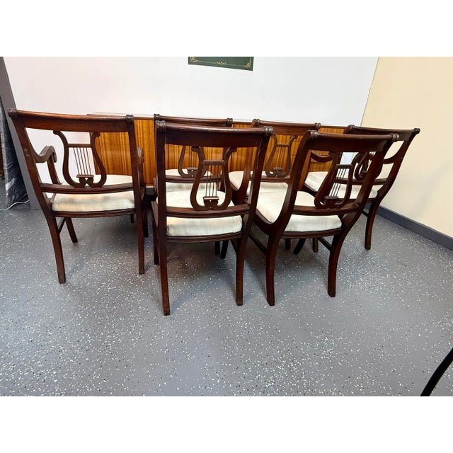 1940's Reupholstered Mahogany Kilsmos Lyre Back Dining Chairs (6) For Sale - Image 4 of 11