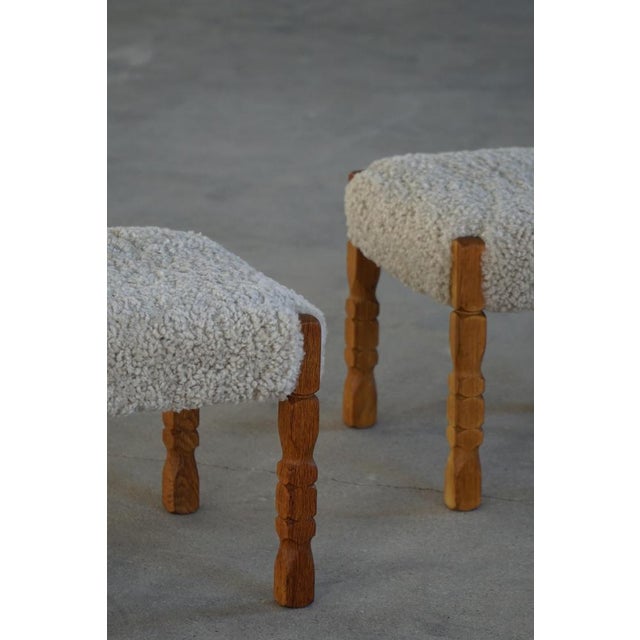 Mid-Century Modern Danish Oak Stools with Lambswool Upholstery from Henning Kjærnulf, 1950s, Set of 2 For Sale - Image 12 of 14