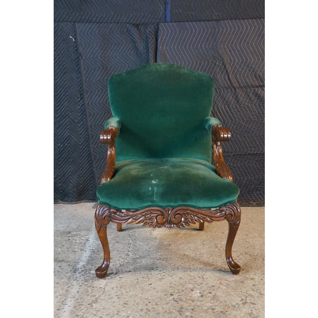 Victorian Revival Carved Mahogany Velvet Upholstered Library Reading Armchair For Sale - Image 4 of 18