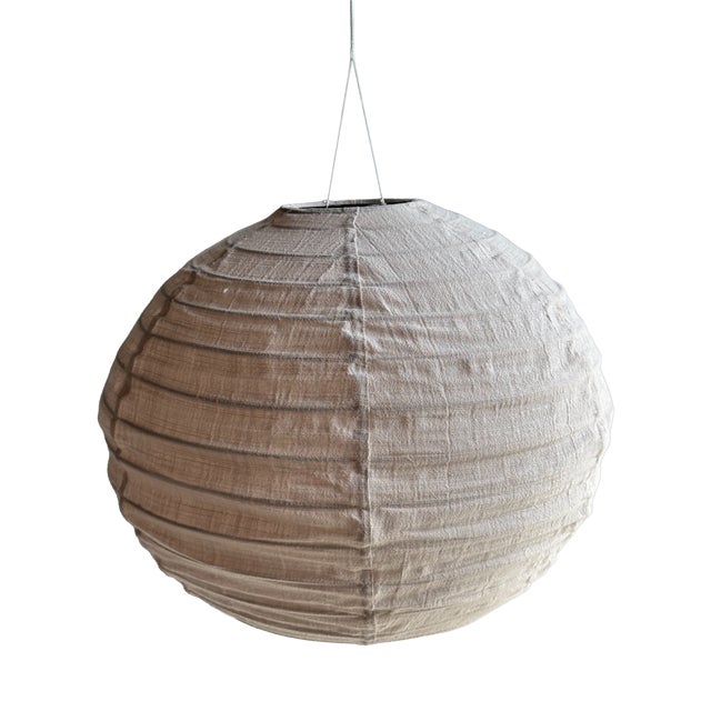 Japanese-Style Round Pink Rattan and Natural Linen Pendant Light For Sale