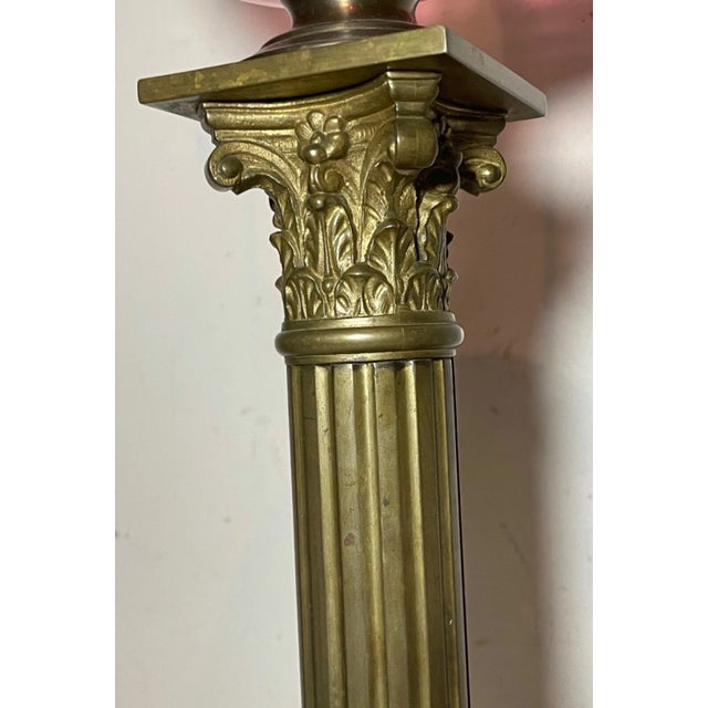 Antique Ornate Gilt Bronze Cranberry Cut Glass Electrified Oil Pillar Table Lamp For Sale In New York - Image 6 of 12