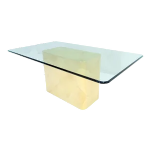 Parchment Goat Skin Leather Single Base 3/4" Glass Top Rectangle Dining Table