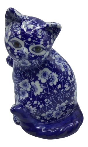 Vintage Chintz Porcelain Blue and White Floral Calico Kitten