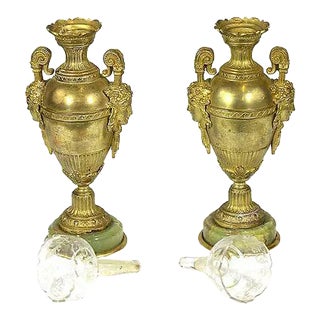 1850 Antique Neoclassic Gilt Bronze Vases Urns on Onyx Bases - A Pair For Sale