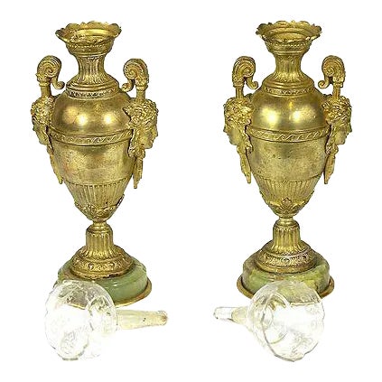 1850 Antique Neoclassic Gilt Bronze Vases Urns on Onyx Bases - A Pair For Sale