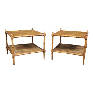 Baker Regency Style Faux Bamboo Fruitwood Side Tables- a Pair For Sale