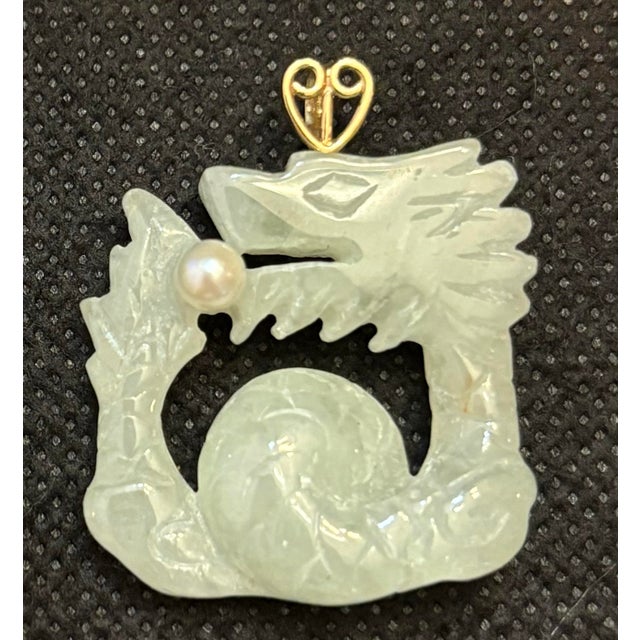 Late 20th Century 14k Gold Pendant of Carved Light Green Jade Dragon With Pearl For Sale - Image 5 of 8