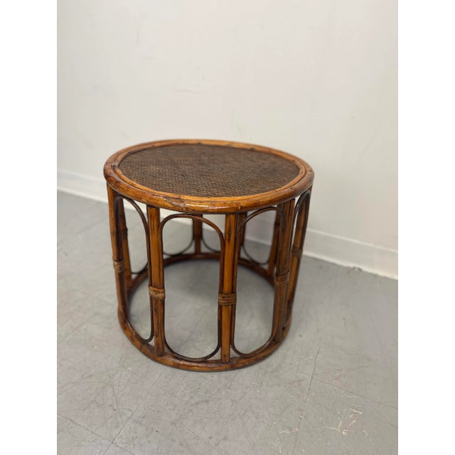 American Vintage Rattan Caning Circular Side Table Stand For Sale - Image 3 of 11