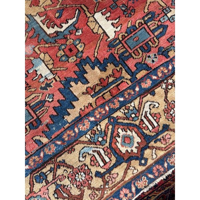 Antique Heriz Village Carpet Rare Camel Border with Coral Ground in Naive Harshang Design with Sickle Leaf Motif Rug 9.4 x 11.4 For Sale In Milwaukee - Image 6 of 16