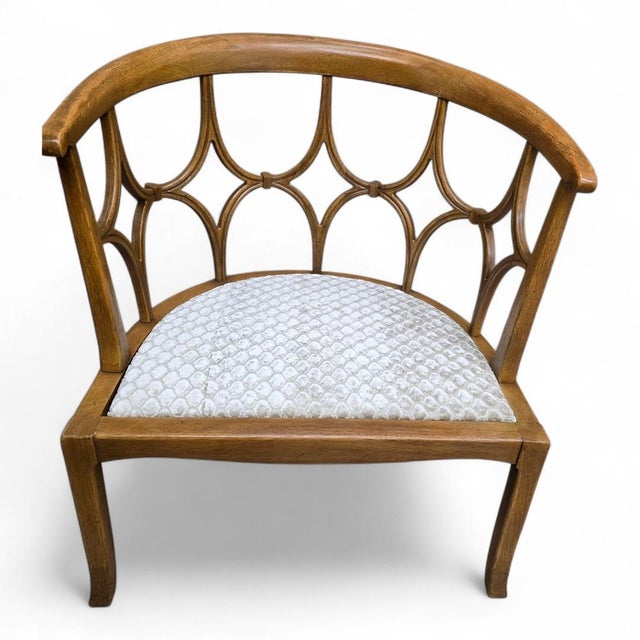 Wood MCM William "Billy" Haines Fruitwood Spider/Barrel Back Lounge Newly Reupholstered For Sale - Image 7 of 8