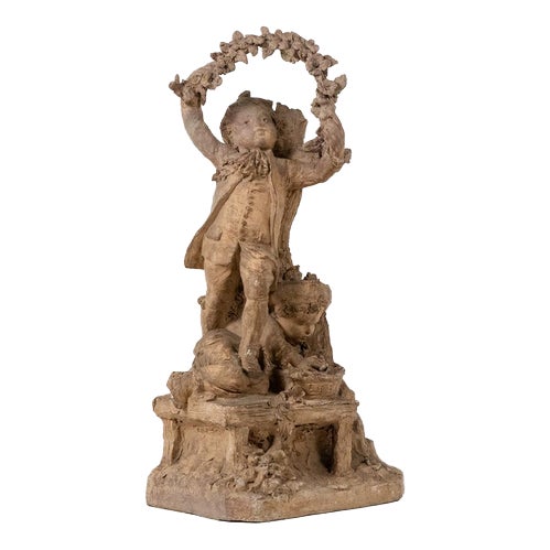 Rocaille-Style Terracotta Sculpture of Children and Flowers, 1850s For Sale