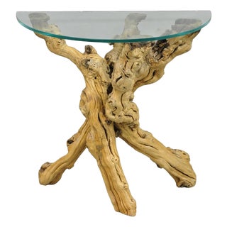 Vintage Mid Century Modern Natural Burl Driftwood Demilune Glass Console Table For Sale