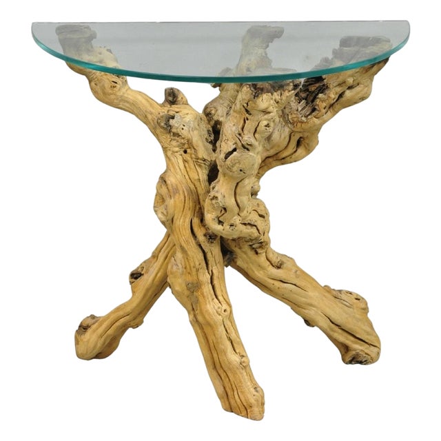 Vintage Mid Century Modern Natural Burl Driftwood Demilune Glass Console Table For Sale