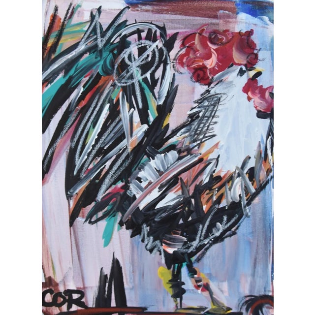 Contemporary, modern expressionism original one-of-a-kind chicken hen rooster portrait oil painting on stretched artist's...