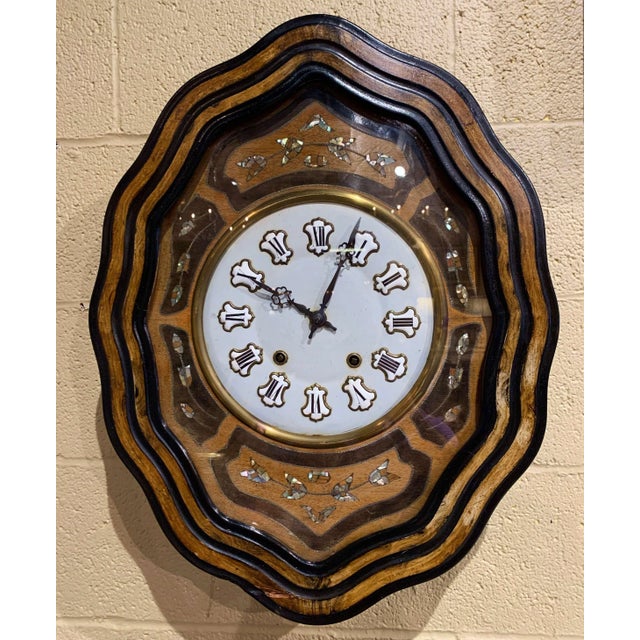 19th Century French Napoleon III Mother of Pearl Inlay and Painted Wall Clock For Sale - Image 4 of 13