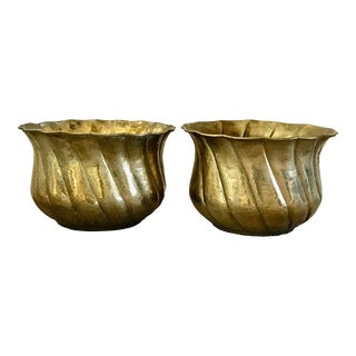 1960s Mid Century Medium Hammered Brass Planters - a Pair For Sale