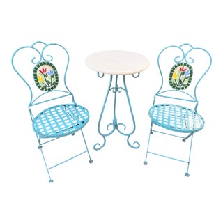 Vintage Turquoise Iron Garden Bistro Set With Floral Mosaic Folding Chairs For Sale