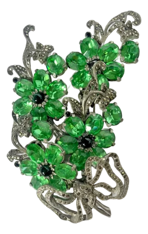 Mid 20th Century Large Green Glass and Marcasite Flower Bow Pin