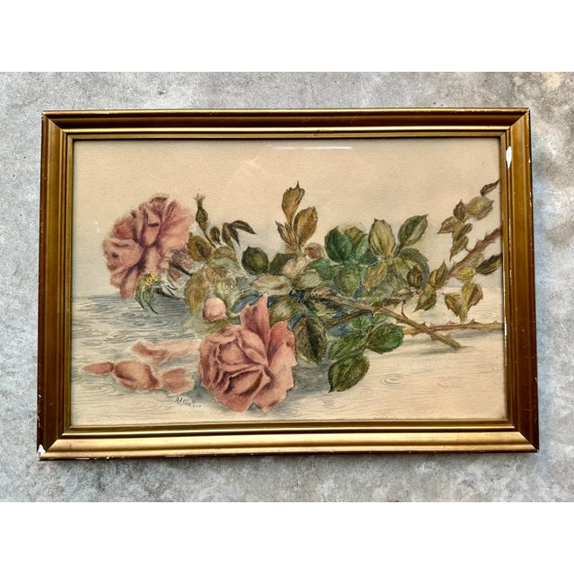 Glass Circa 1800s Drawing of Roses in Gilt Plaster Frame With Wavy Glass Signed M a Sheller For Sale - Image 7 of 7