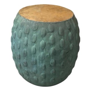 Vintage Industrial Verdigris Metal & Inset Wood Side Table For Sale