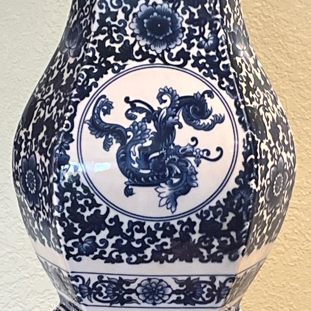 Asian Large 20.5" Heavy Blue & White Double Gourd Dragon Vase - Excellent Condition For Sale - Image 3 of 8