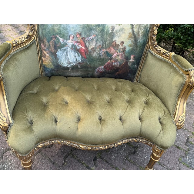 Wood 1960s Artisan Louis XVI Gold Beech Green Velvet Settee-1 Pc For Sale - Image 7 of 12