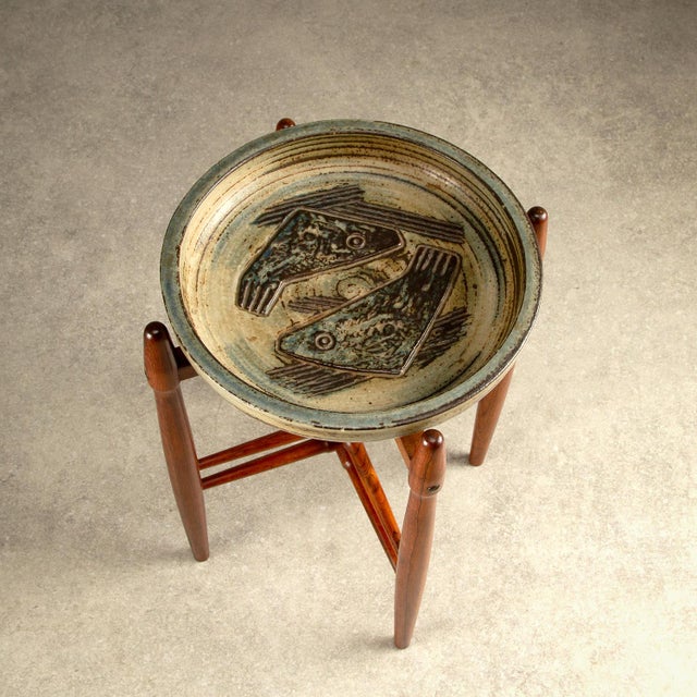 Solid rosewood side table by Poul Hundevad for Vamdrup with ceramic pose clés bowl top by Jørgen Mogensen for Royal...