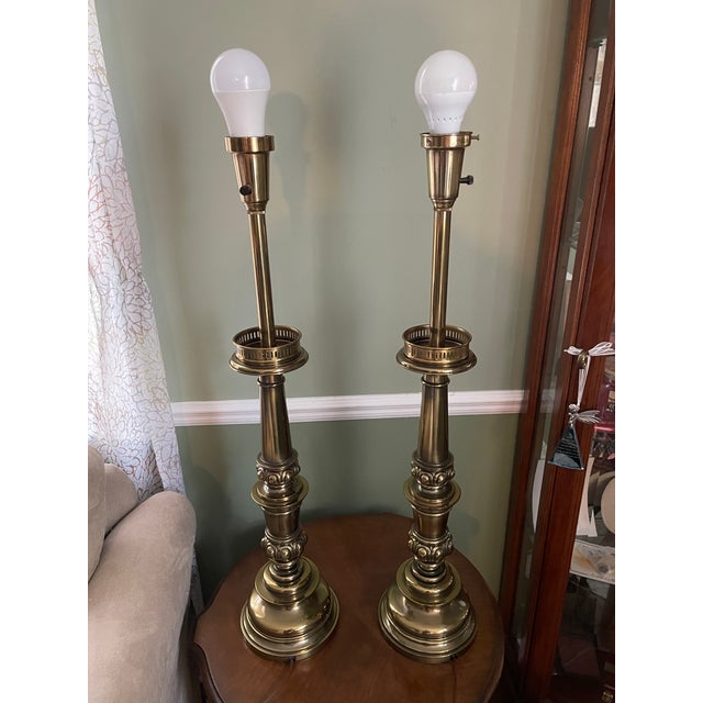 Stiffel Vintage MCM Stiffel Brass Torchiere Lamps With Diffuser Shades 38" - a Pair For Sale - Image 4 of 11