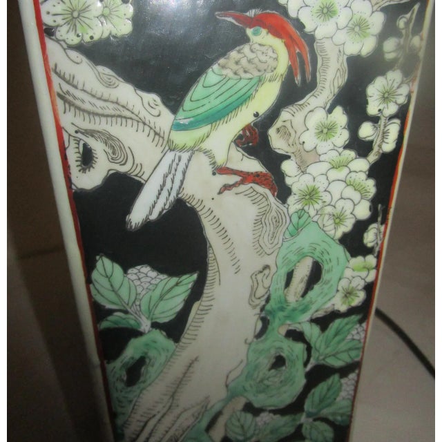 Chinese Export Black Ceramic Table Lamp With Floral and Bird Design For Sale - Image 12 of 13