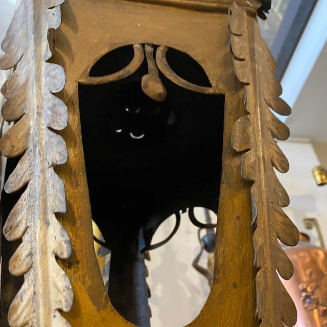 Metal 1900 Art Nouveau Gold and Blue Painted Iron Lantern For Sale - Image 7 of 11