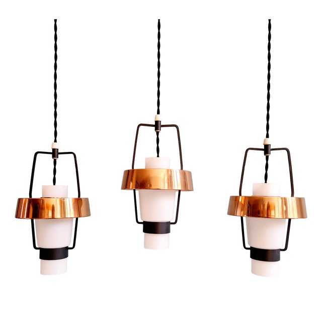 Scandinavian Pendant Lights in White Opaline and Copper Metal, 1960s, Set of 3 For Sale