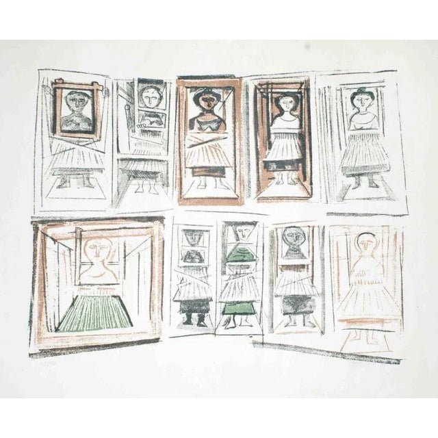 Hand signed. Edition of 125 prints. In “Le Tessitrici” (“The Weavers”), a lithograph dated 1952, the Italian artist...