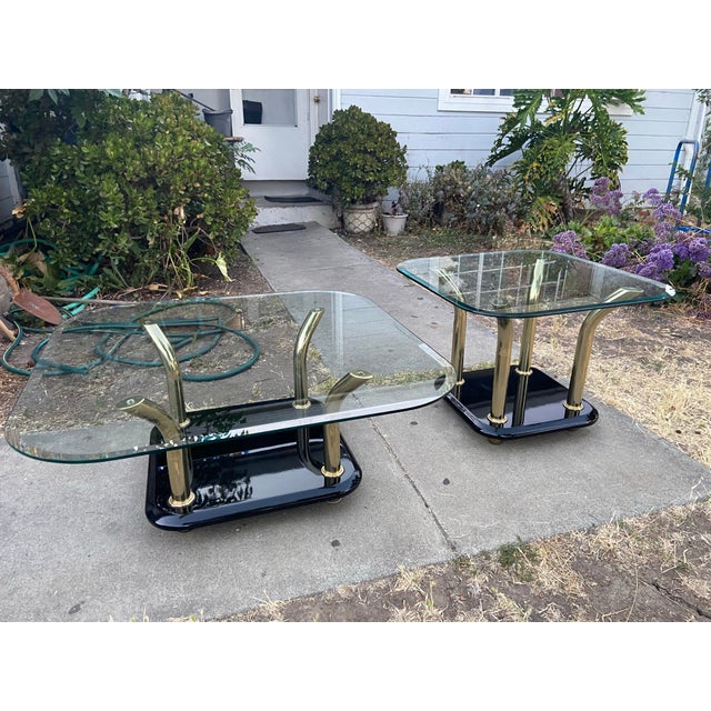 1980s Vintage Postmodern Attributed to Karl Springer Style Brass Tusks Coffee Table & End Table Set For Sale - Image 5 of 12