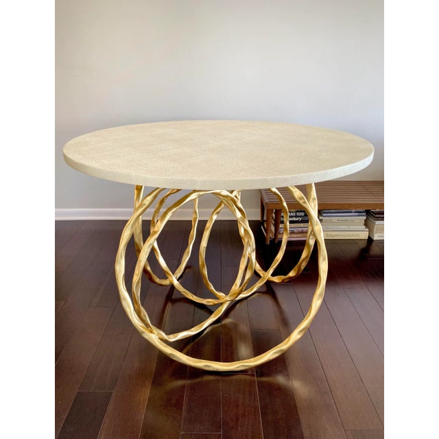 White Faux Shagreen Round Top on Large Gold Iron Overlapping Round Roxy Dining Table by Made Goods For Sale - Image 13 of 13