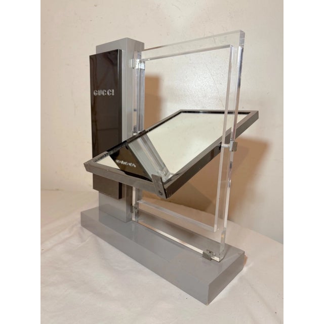 Chrome Rare Vintage Original Gucci Wood Lucite Metal Countertop Makeup Mirror Display For Sale - Image 8 of 14